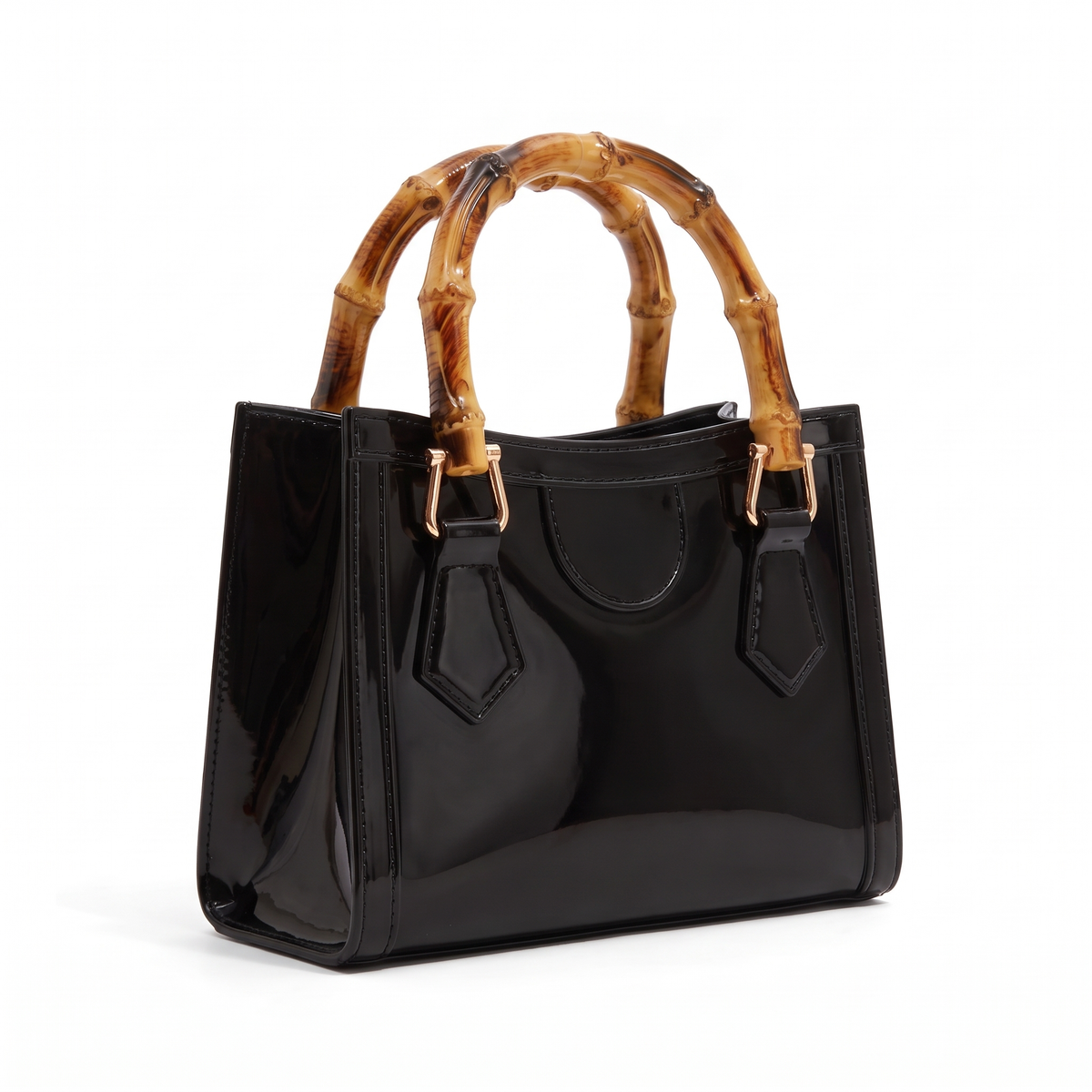 Glossy Jelly Mini Tote Bag for Women, Black Bamboo Handle Top Handle Bag