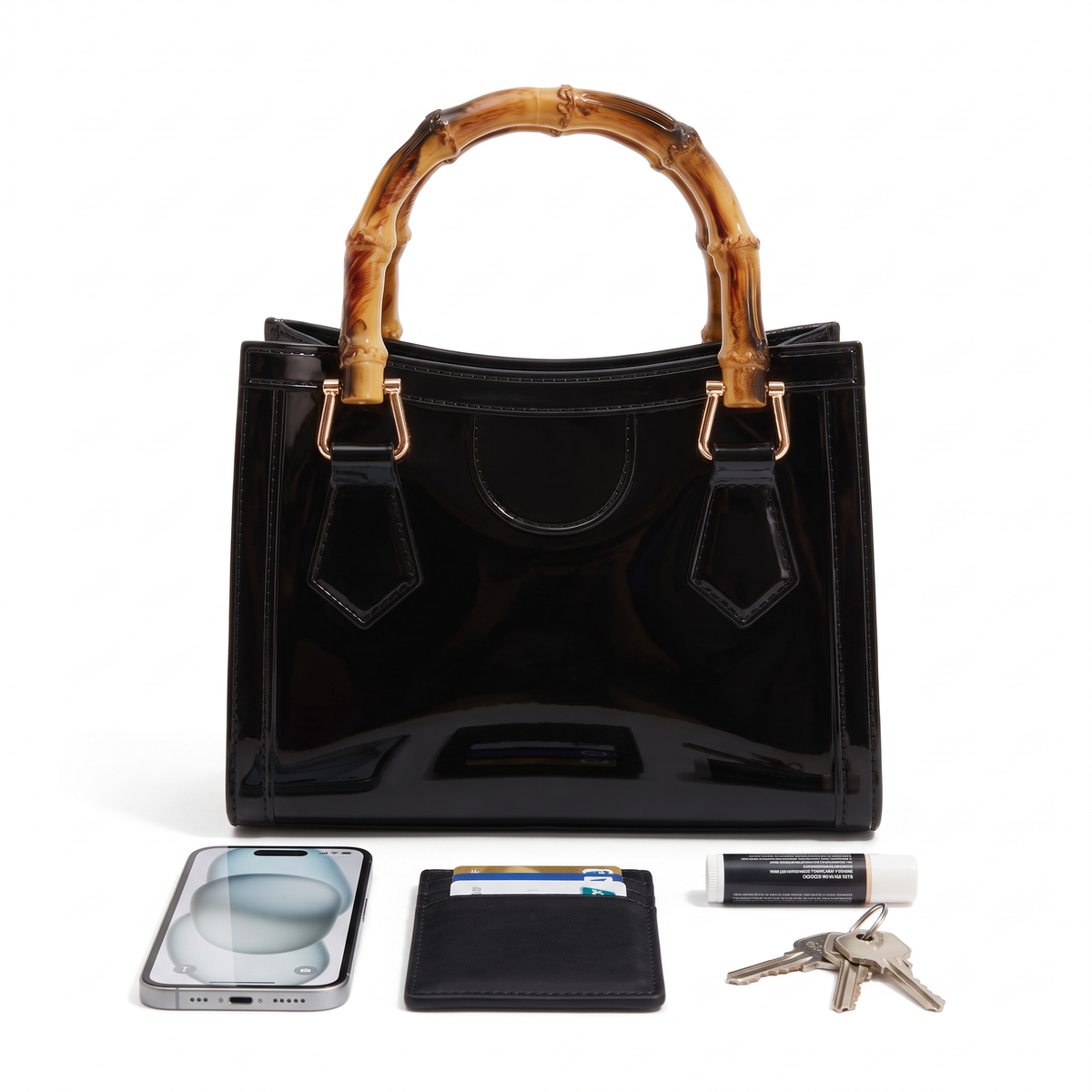 Glossy Jelly Mini Tote Bag for Women, Black Bamboo Handle Top Handle Bag