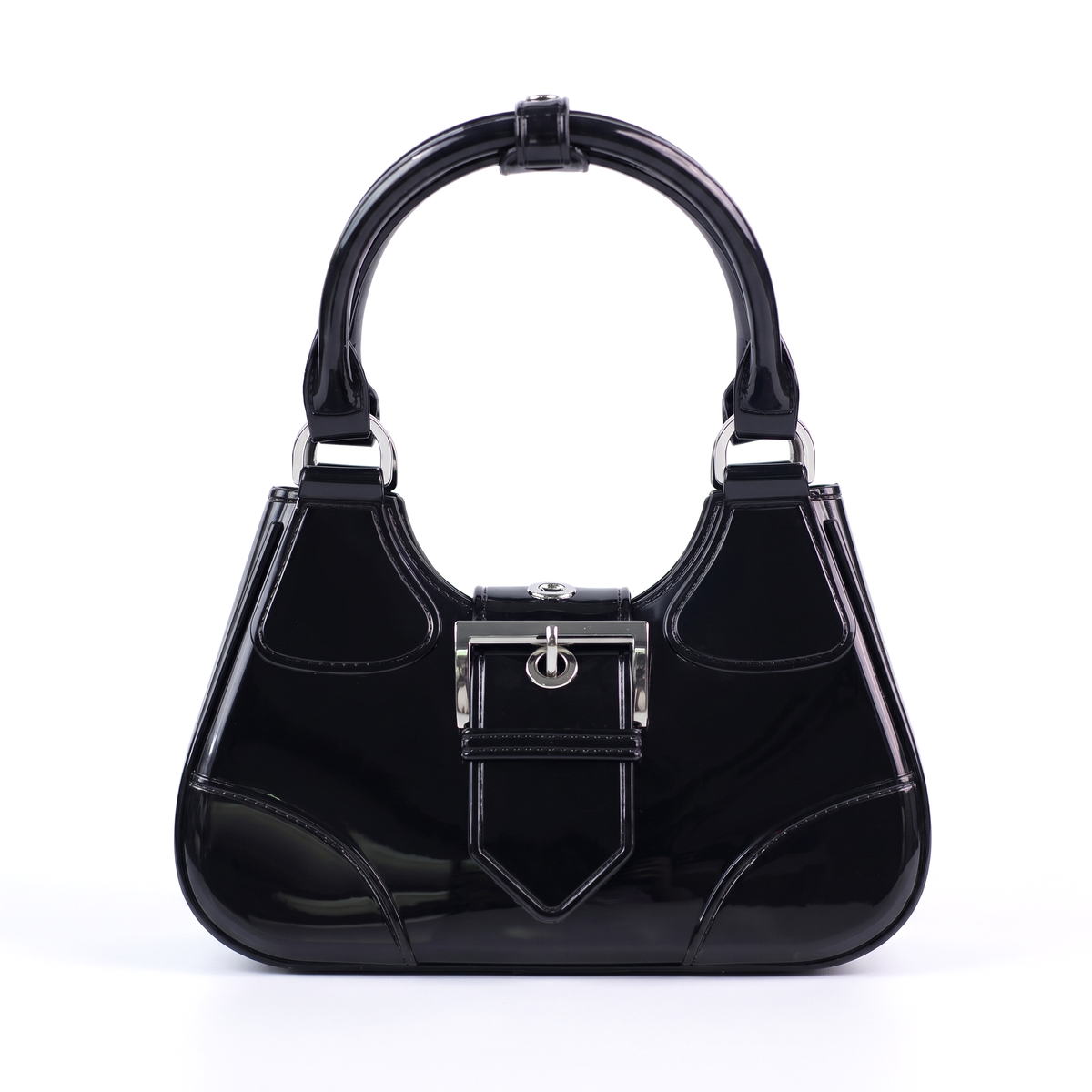 Glossy Jelly Top Handle Bag for Women, Black Y2K Buckle Mini Bag