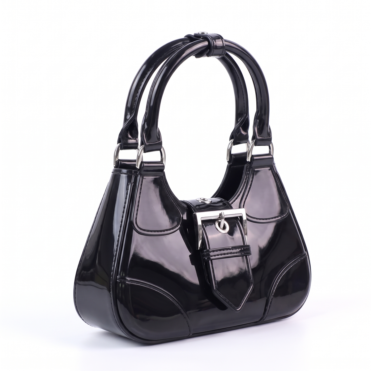 Glossy Jelly Top Handle Bag for Women, Black Y2K Buckle Mini Bag