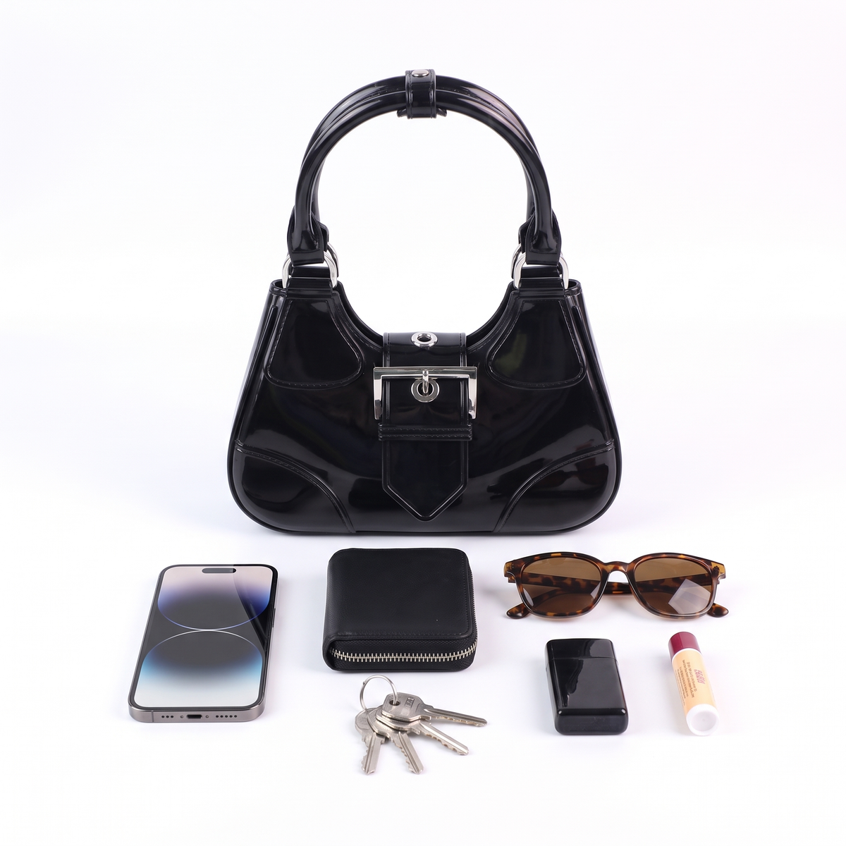Glossy Jelly Top Handle Bag for Women, Black Y2K Buckle Mini Bag