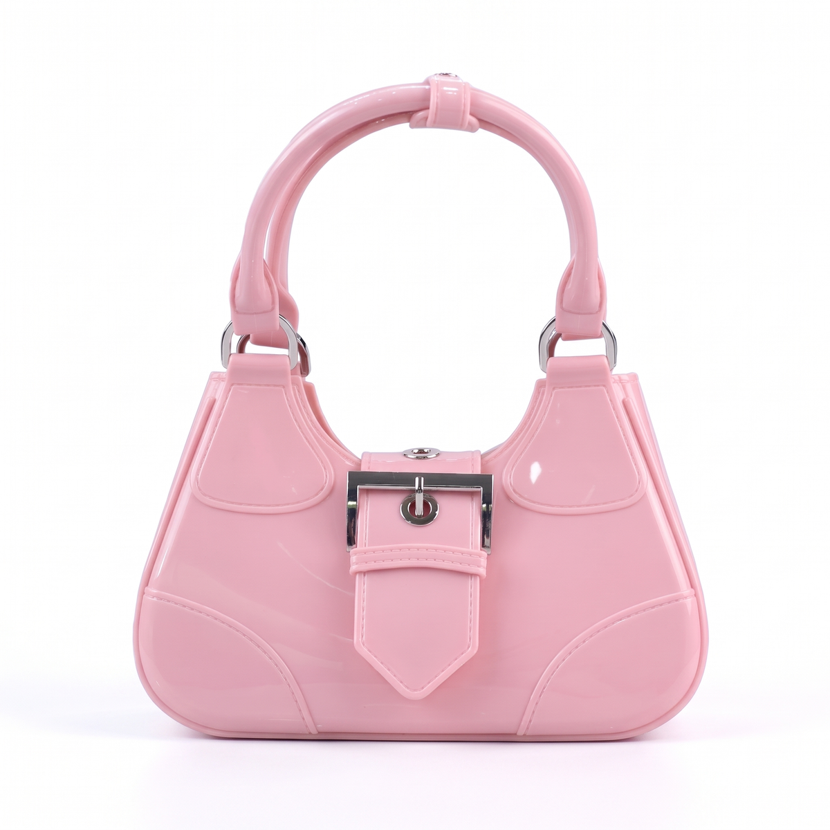 Glossy Jelly Top Handle Bag for Women, Black Y2K Buckle Mini Bag