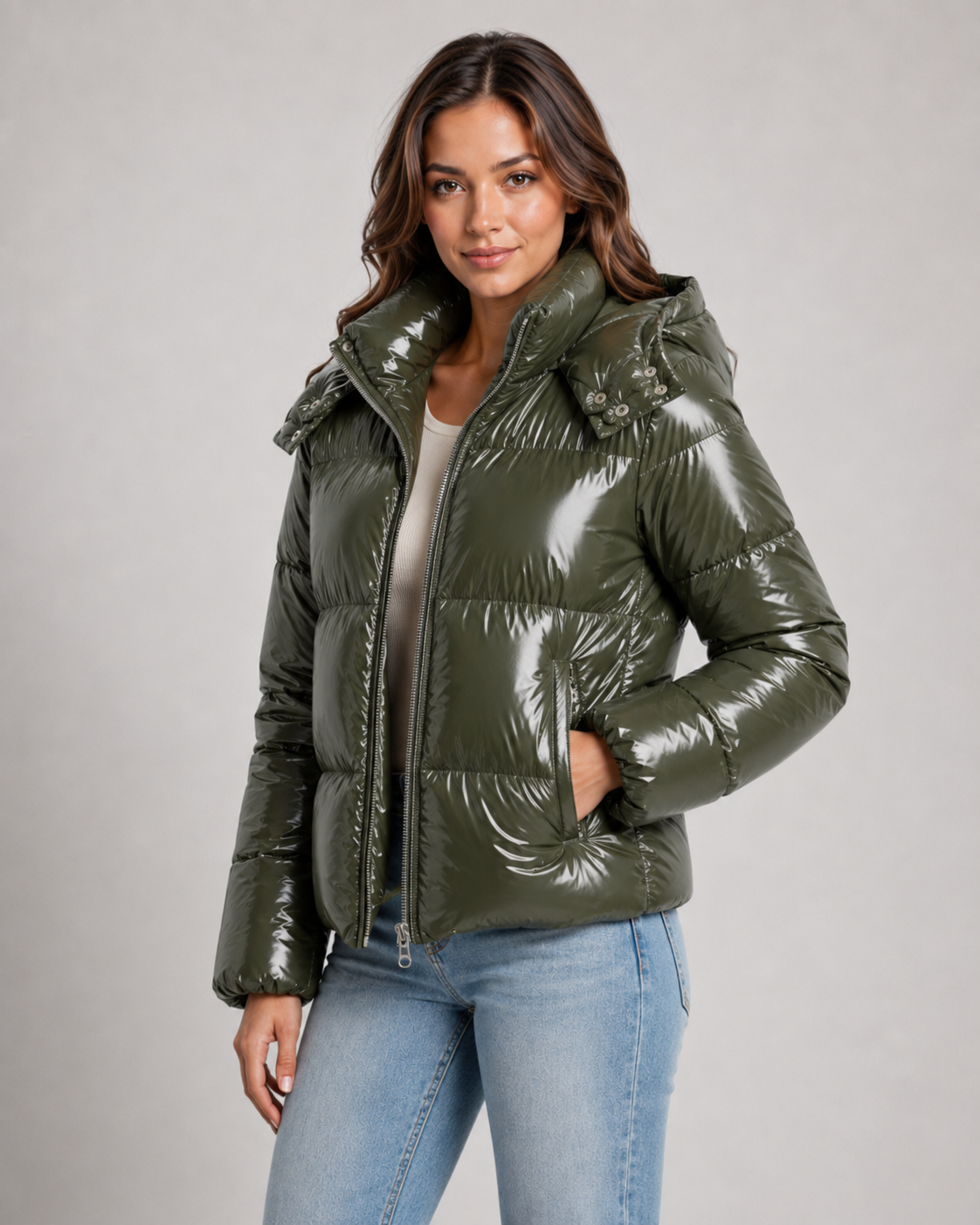 Women's Glossy Hooded Puffer Jacket – Cropped Zip Front
