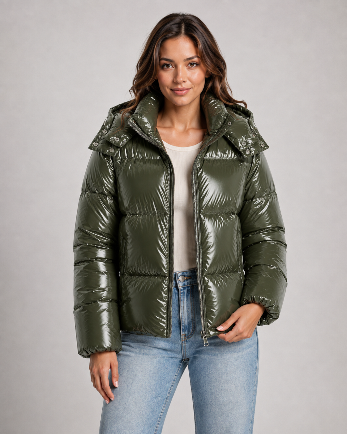 Women's Glossy Hooded Puffer Jacket – Cropped Zip Front