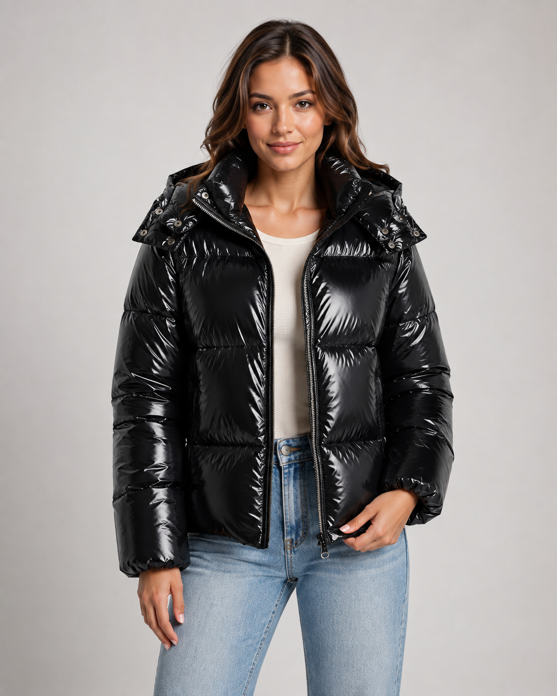 Women's Glossy Hooded Puffer Jacket – Cropped Zip Front