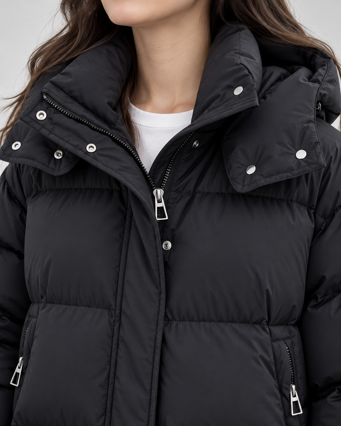Women's Short Hooded Puffer Jacket – Oversized Fit Funnel Neck