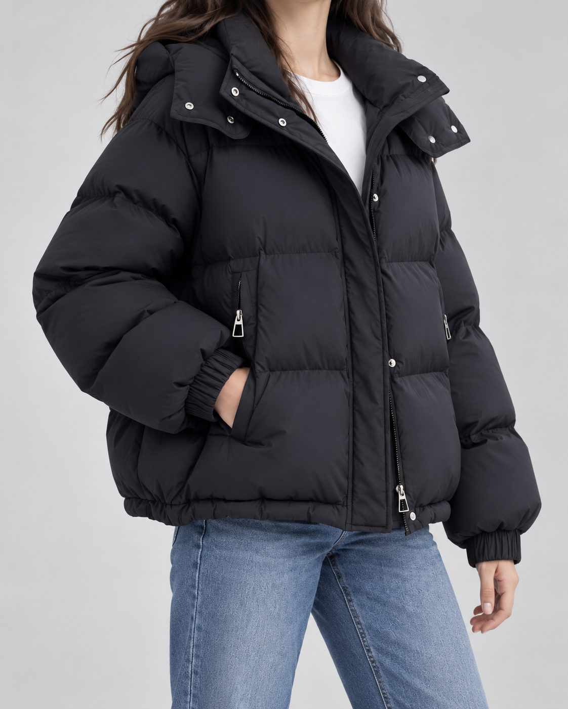 Women's Short Hooded Puffer Jacket – Oversized Fit Funnel Neck