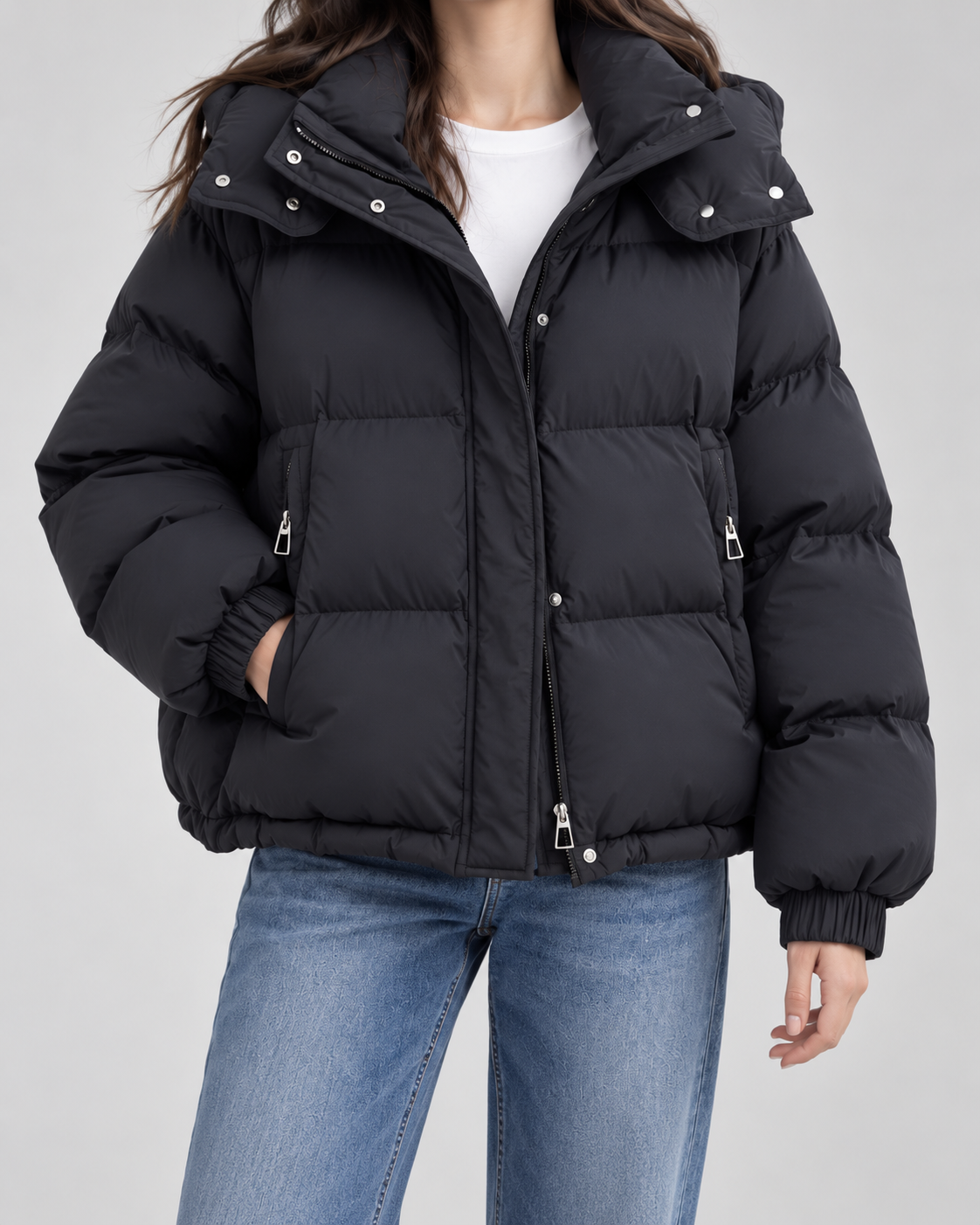 Women's Short Hooded Puffer Jacket – Oversized Fit Funnel Neck