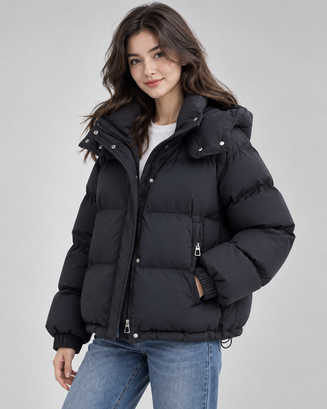 Women's Short Hooded Puffer Jacket – Oversized Fit Funnel Neck