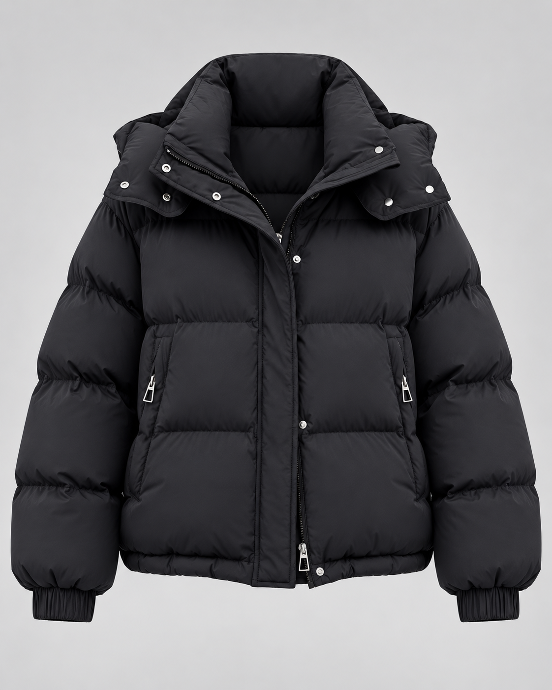 Women's Short Hooded Puffer Jacket – Oversized Fit Funnel Neck