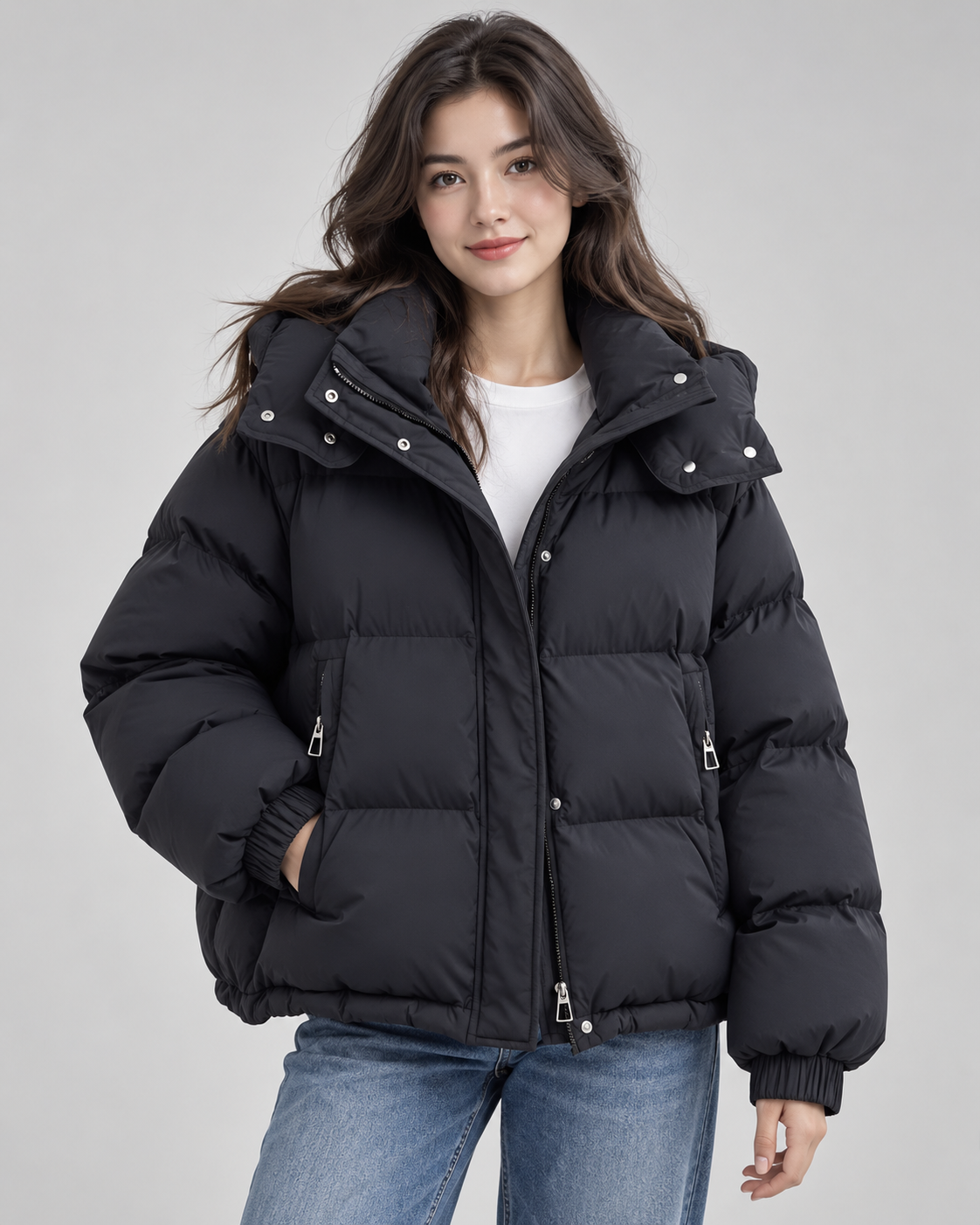 Women's Short Hooded Puffer Jacket – Oversized Fit Funnel Neck