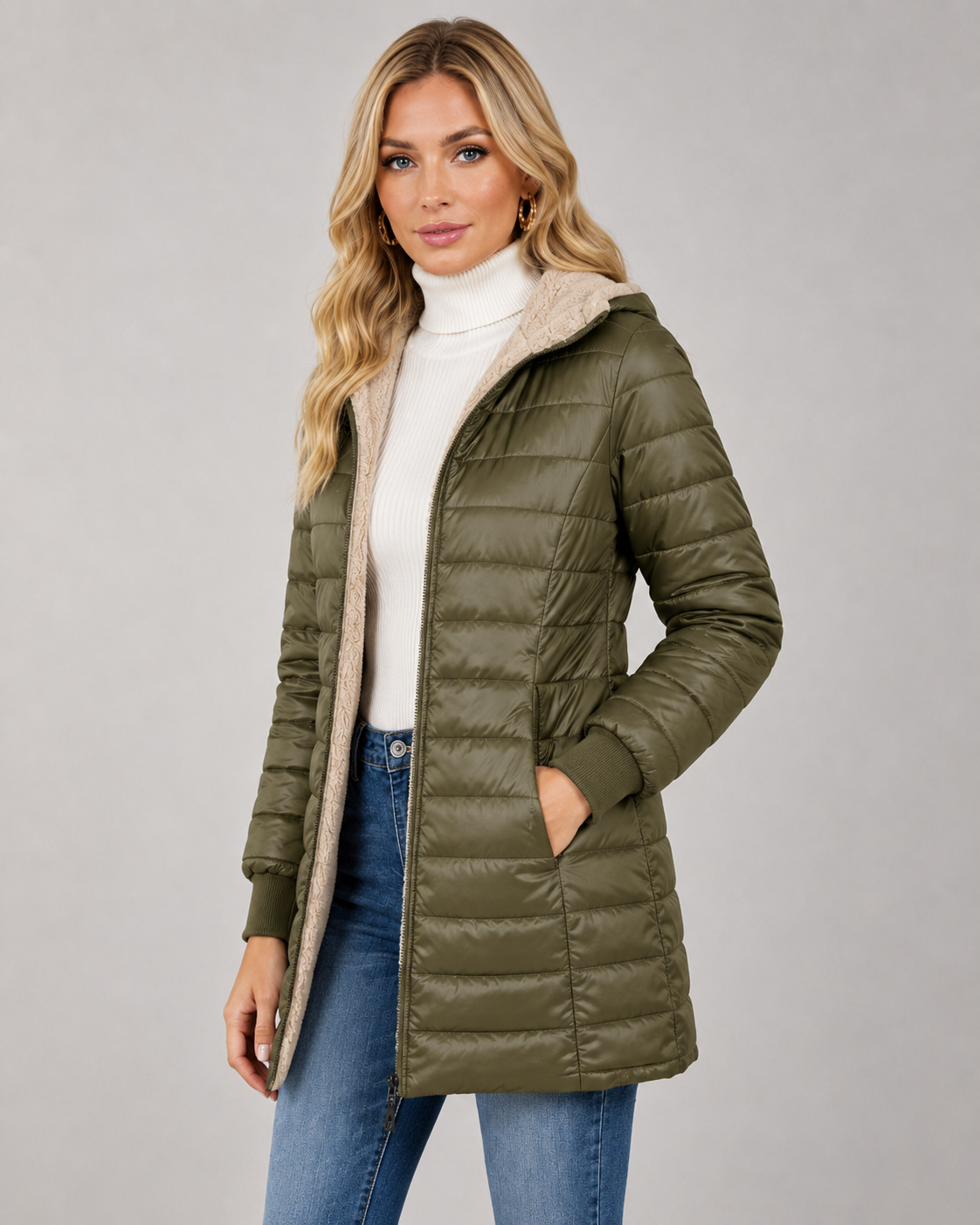 Women's Quilted Hooded Puffer Coat – Plush Lined Mid Thigh Length
