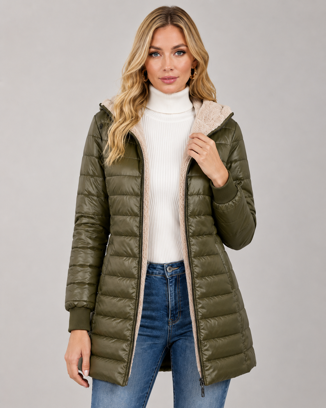 Women's Quilted Hooded Puffer Coat – Plush Lined Mid Thigh Length