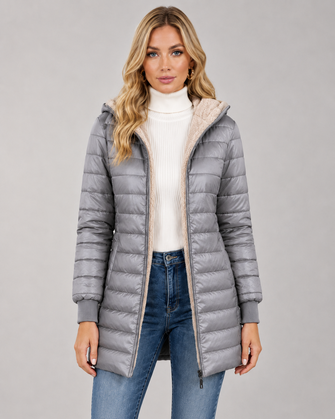 Women's Quilted Hooded Puffer Coat – Plush Lined Mid Thigh Length