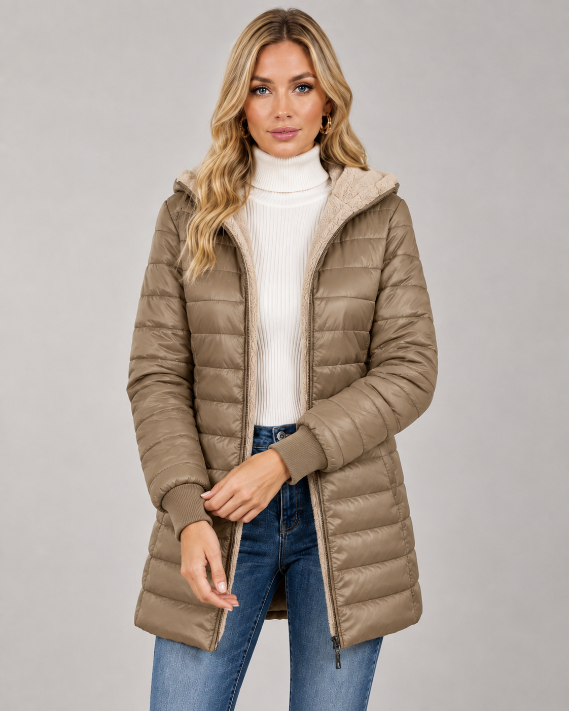 Women's Quilted Hooded Puffer Coat – Plush Lined Mid Thigh Length