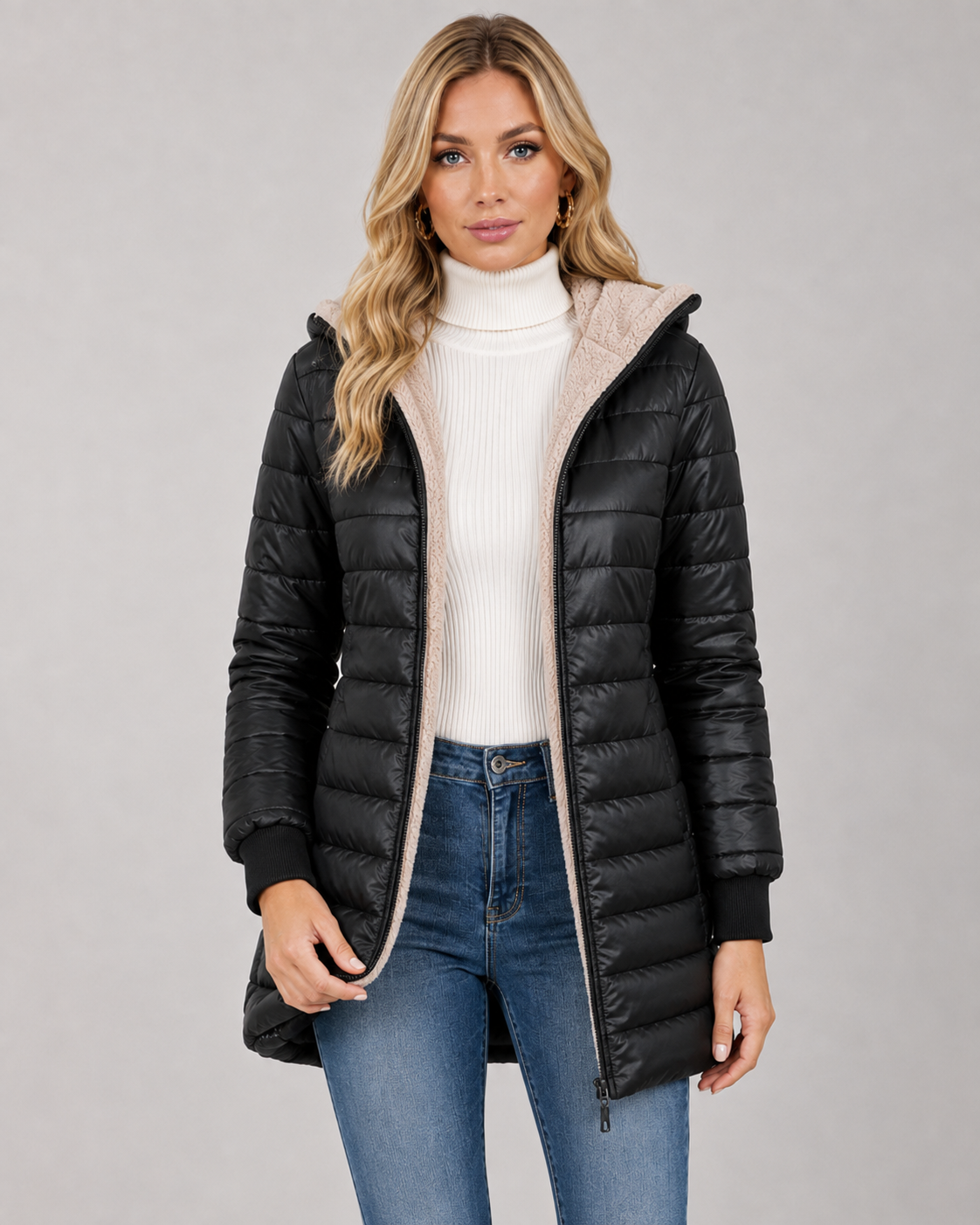 Women's Quilted Hooded Puffer Coat – Plush Lined Mid Thigh Length