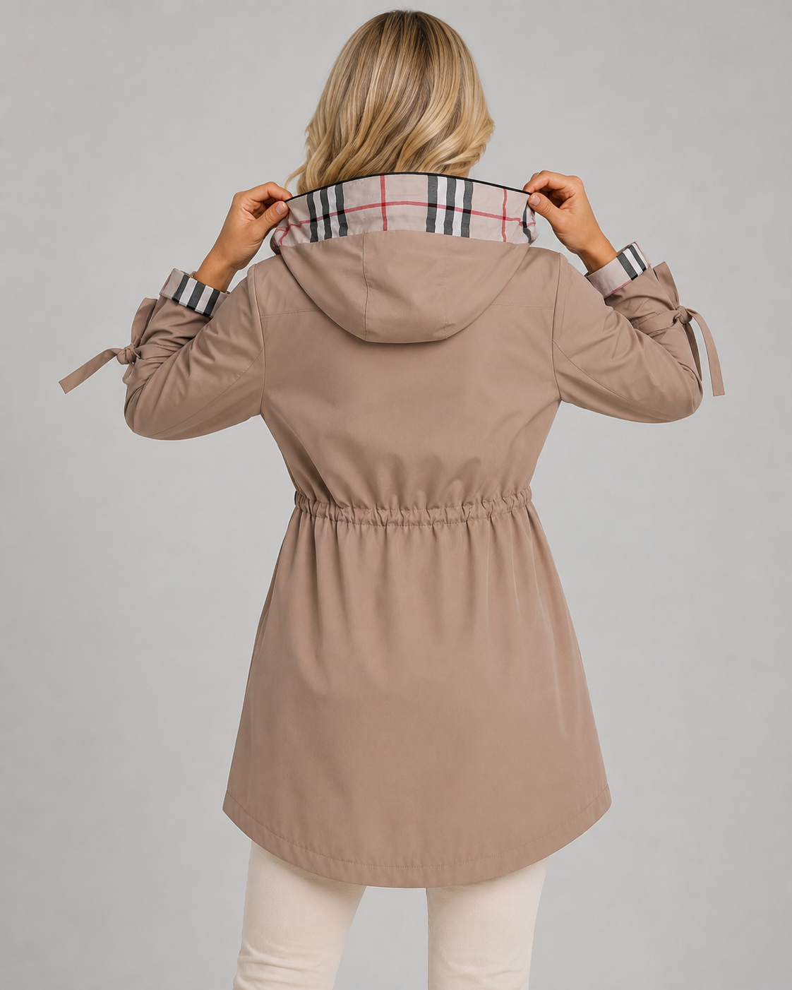 Women's Hooded Trench Coat – Check Lining and Drawcord Waist