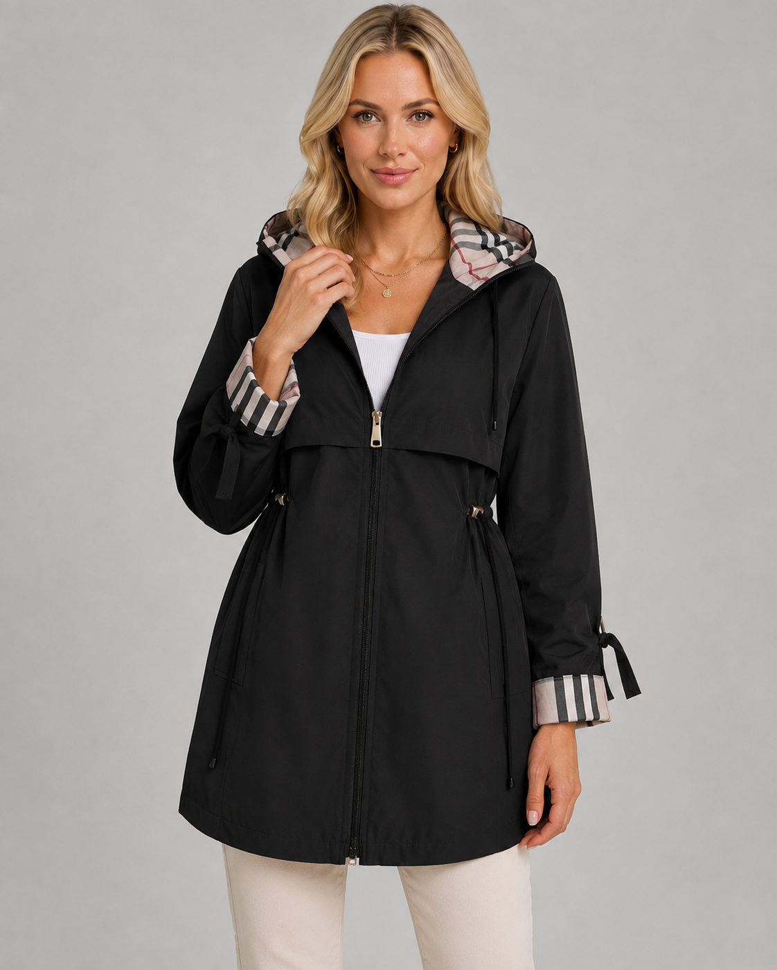 Women's Hooded Trench Coat – Check Lining and Drawcord Waist