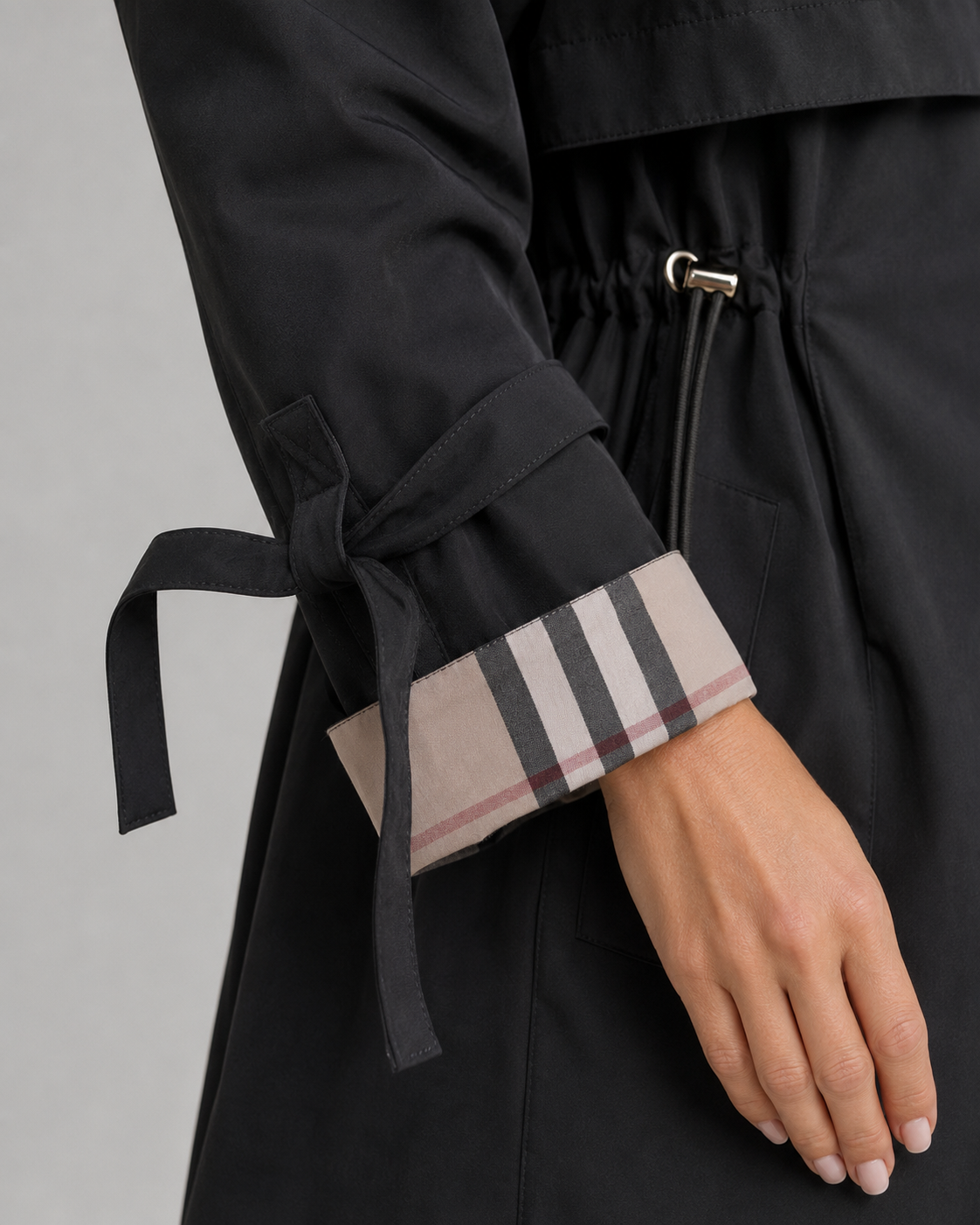 Women's Hooded Trench Coat – Check Lining and Drawcord Waist