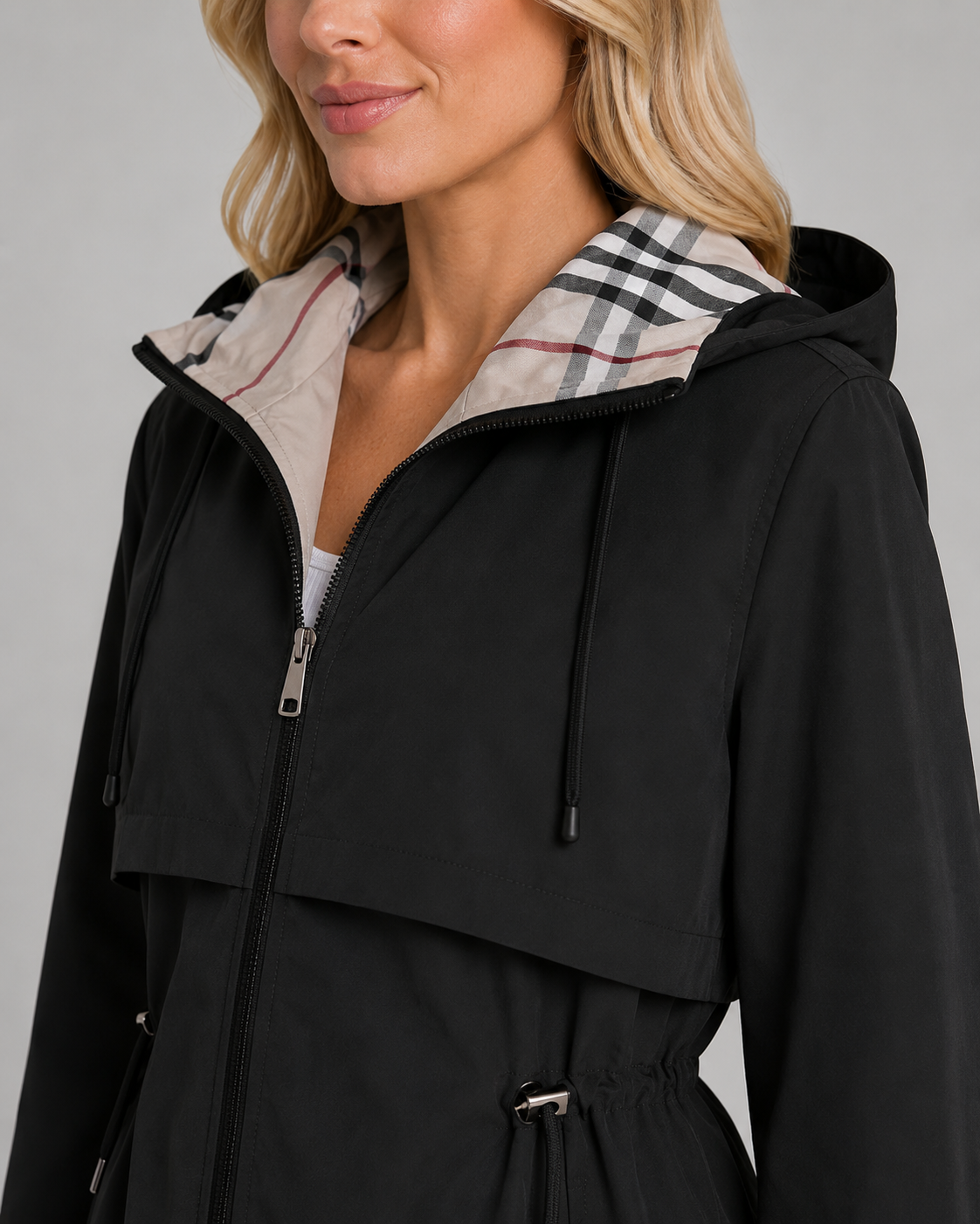 Women's Hooded Trench Coat – Check Lining and Drawcord Waist