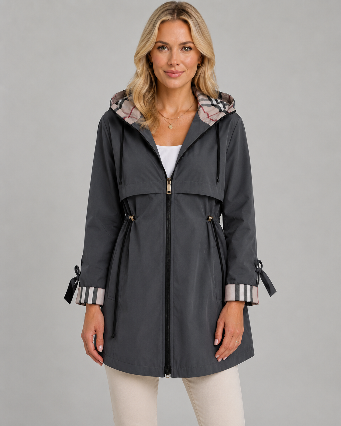 Women's Hooded Trench Coat – Check Lining and Drawcord Waist