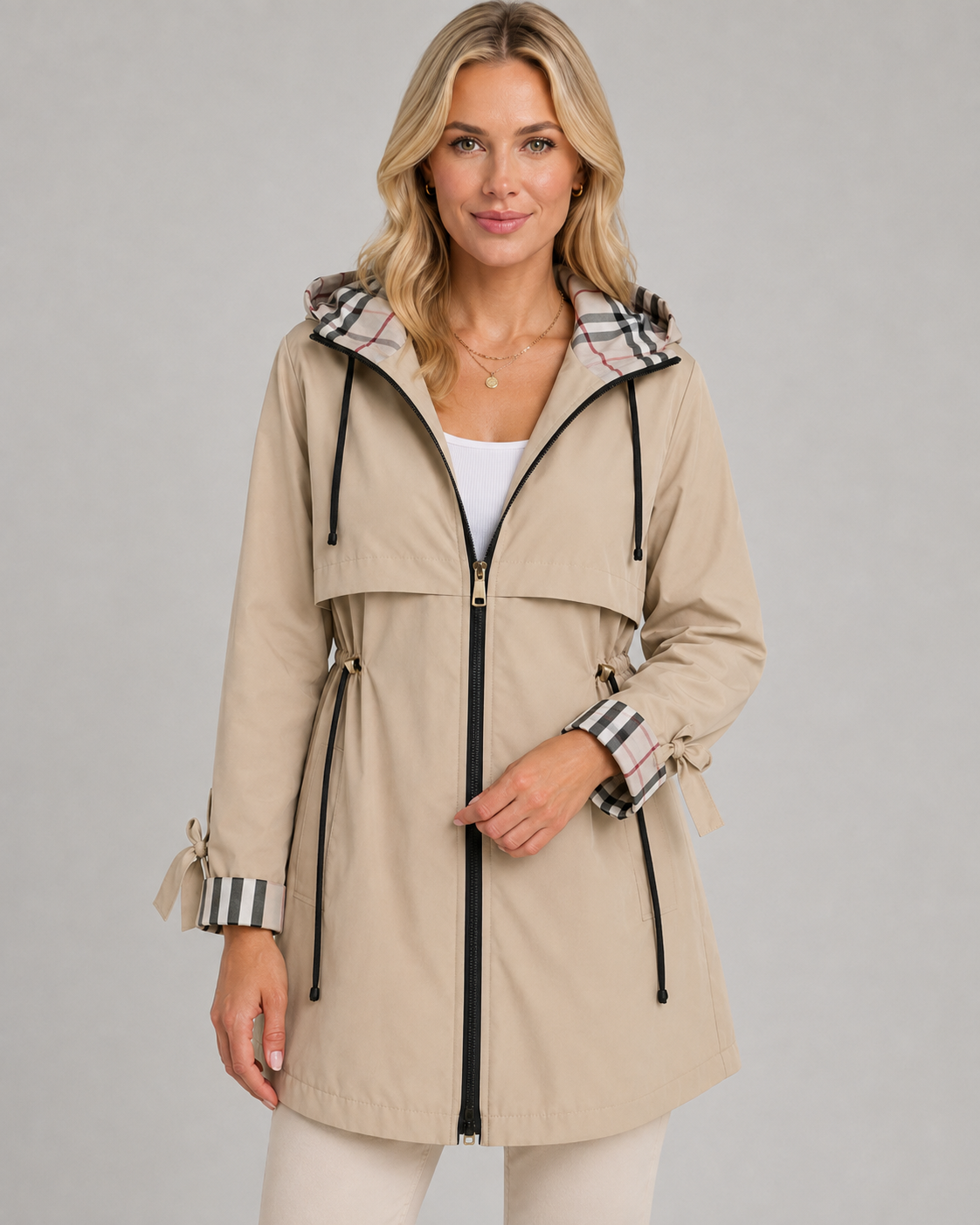 Women's Hooded Trench Coat – Check Lining and Drawcord Waist