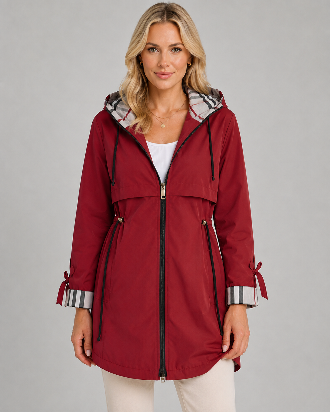 Women's Hooded Trench Coat – Check Lining and Drawcord Waist