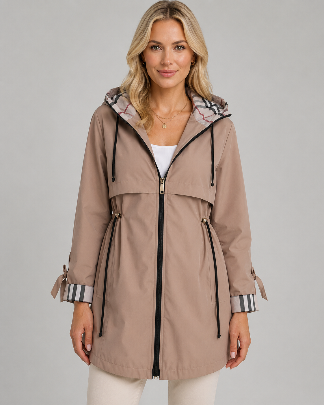 Women's Hooded Trench Coat – Check Lining and Drawcord Waist