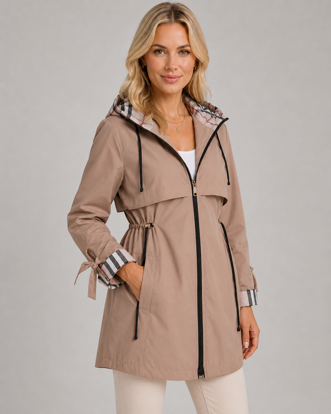 Women's Hooded Trench Coat – Check Lining and Drawcord Waist