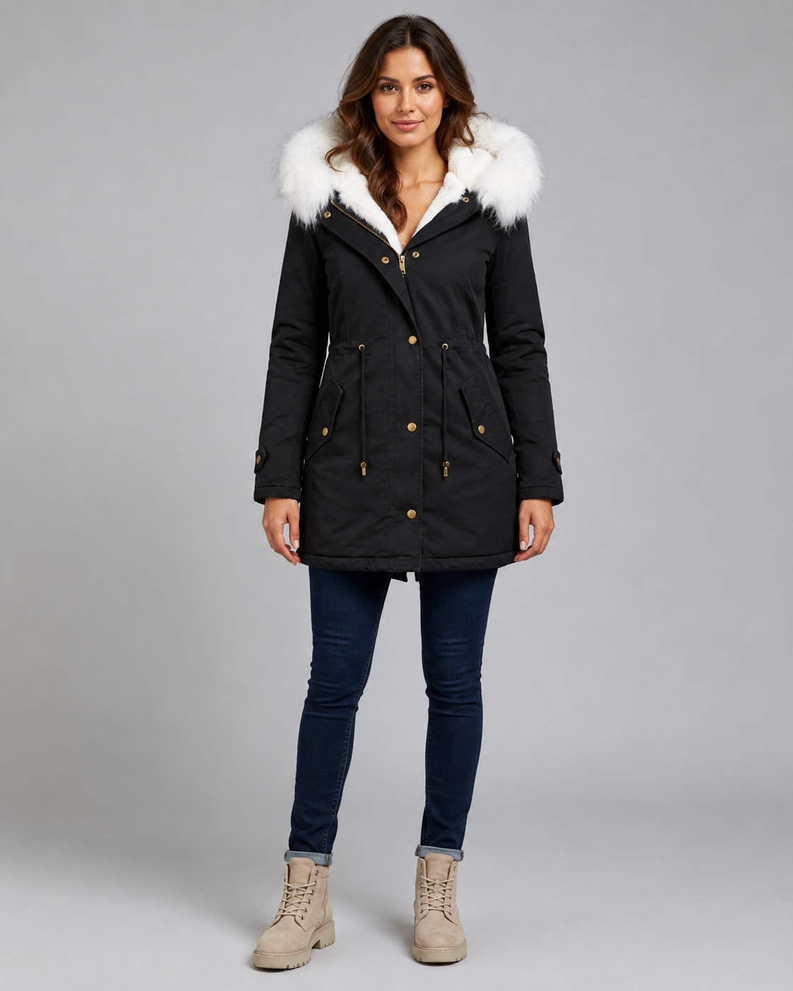 Women's Longline Hooded Parka – Fur Trim and Drawstring Waist