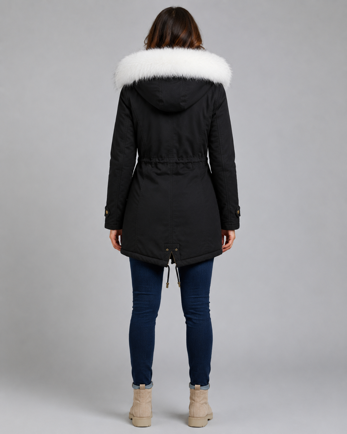 Women's Longline Hooded Parka – Fur Trim and Drawstring Waist
