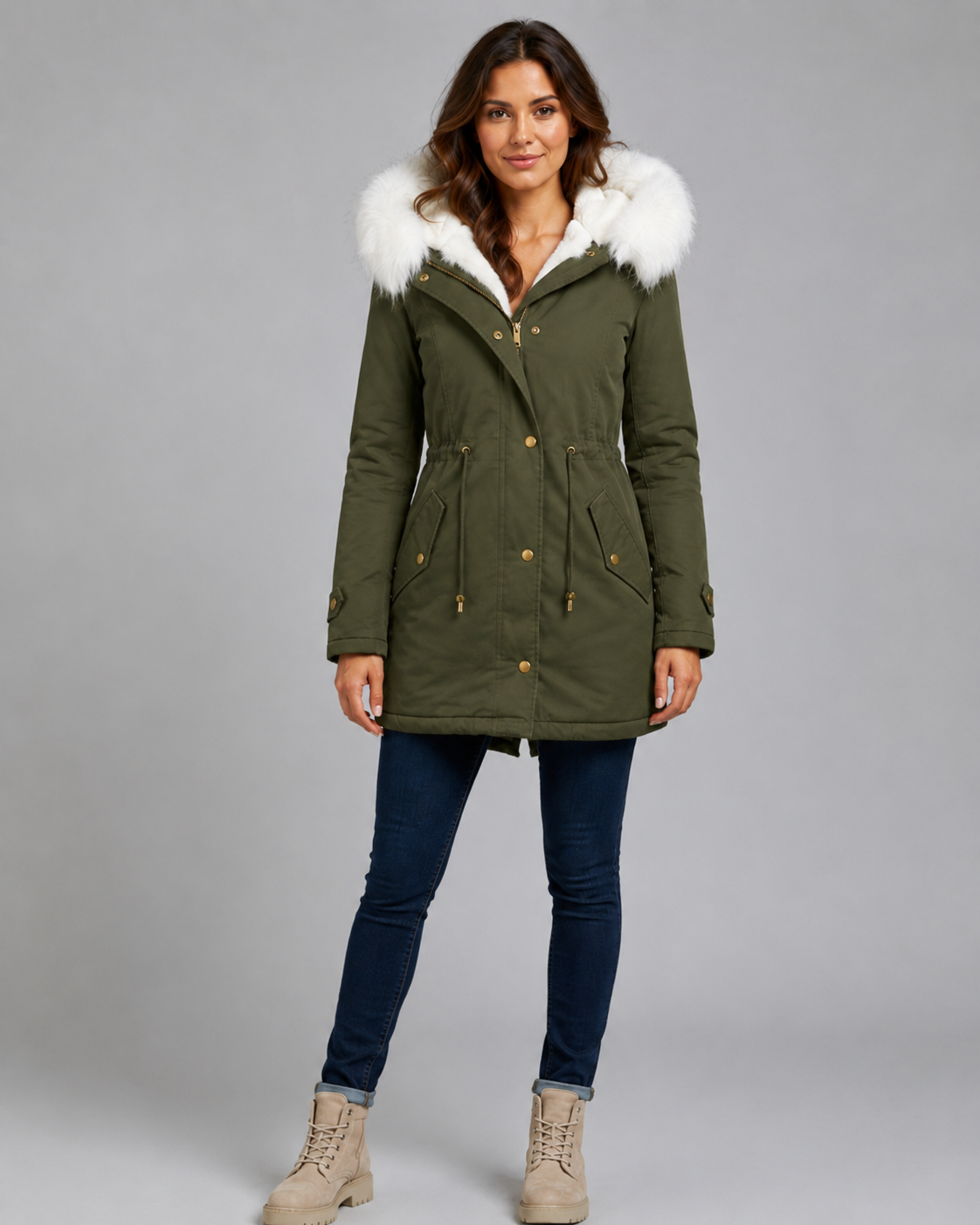 Women's Longline Hooded Parka – Fur Trim and Drawstring Waist