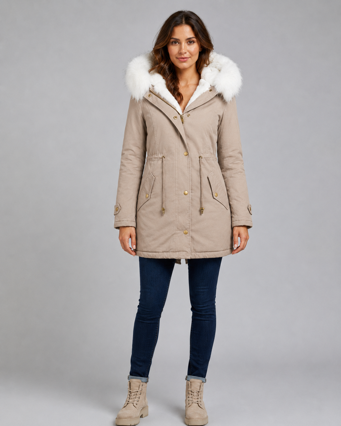 Women's Longline Hooded Parka – Fur Trim and Drawstring Waist