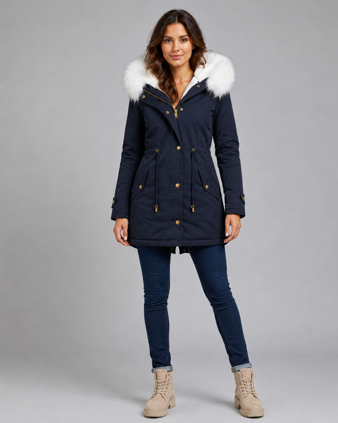 Women's Longline Hooded Parka – Fur Trim and Drawstring Waist
