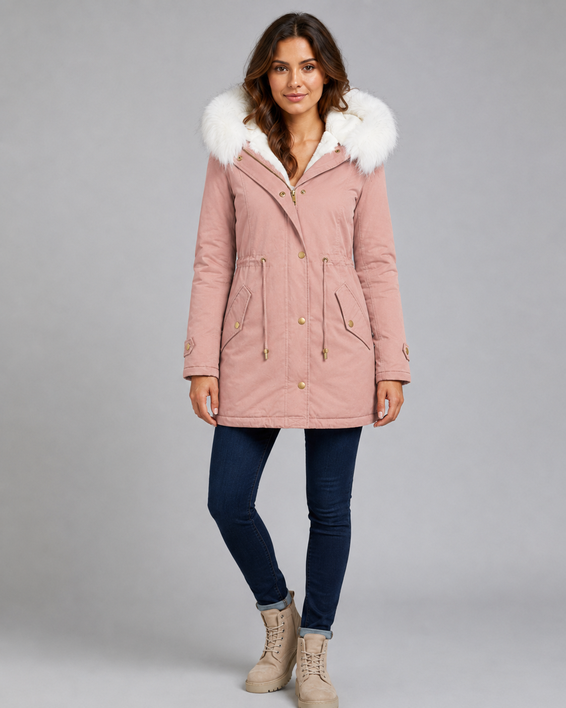 Women's Longline Hooded Parka – Fur Trim and Drawstring Waist