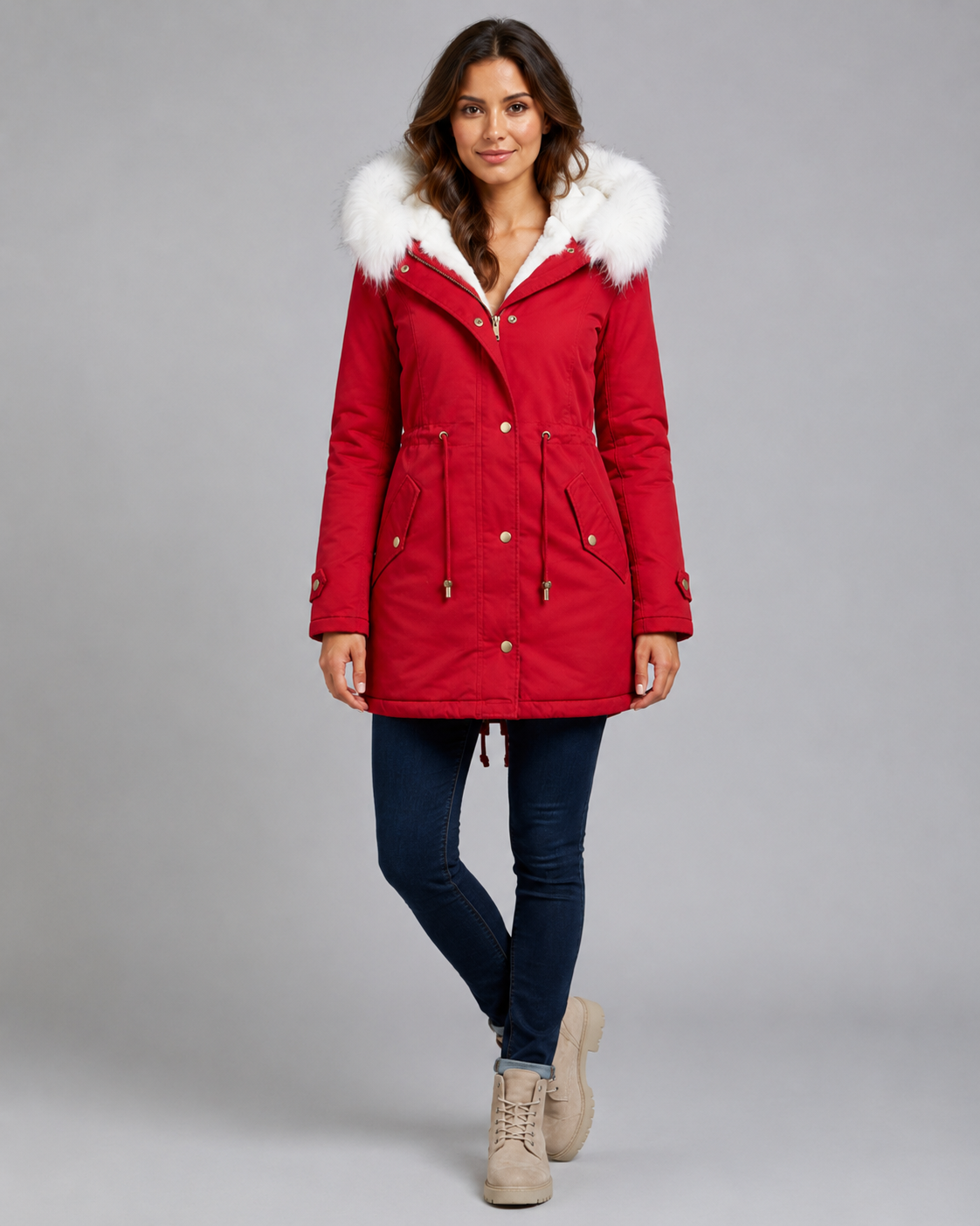 Women's Longline Hooded Parka – Fur Trim and Drawstring Waist