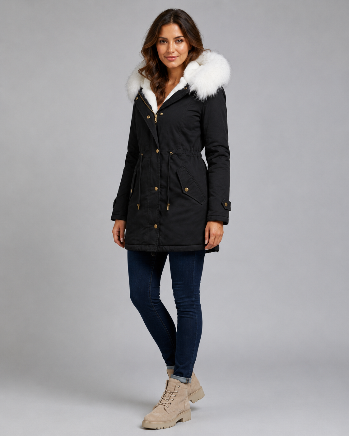 Women's Longline Hooded Parka – Fur Trim and Drawstring Waist