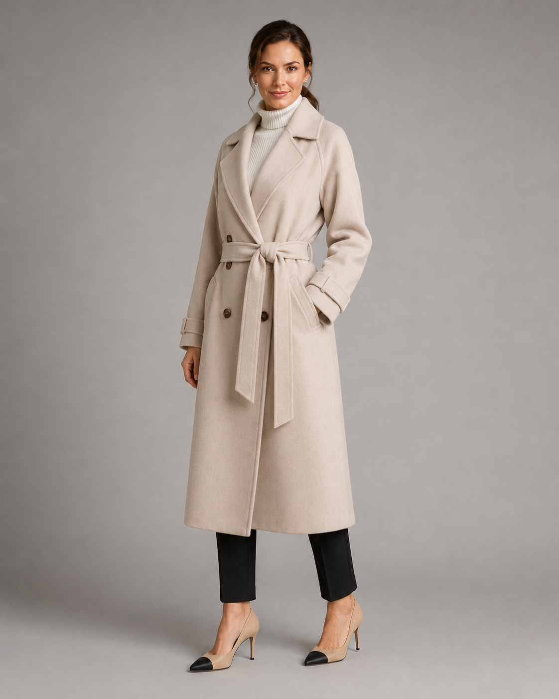 Women's Double Breasted Long Belted Coat – Notch Lapel