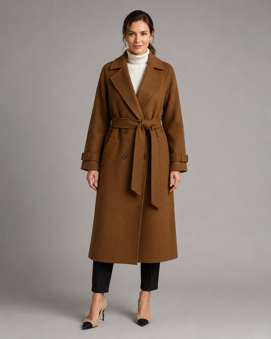 Women's Double Breasted Long Belted Coat – Notch Lapel