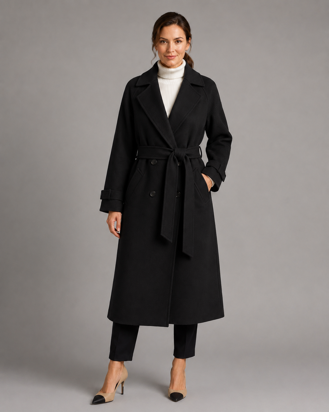 Women's Double Breasted Long Belted Coat – Notch Lapel
