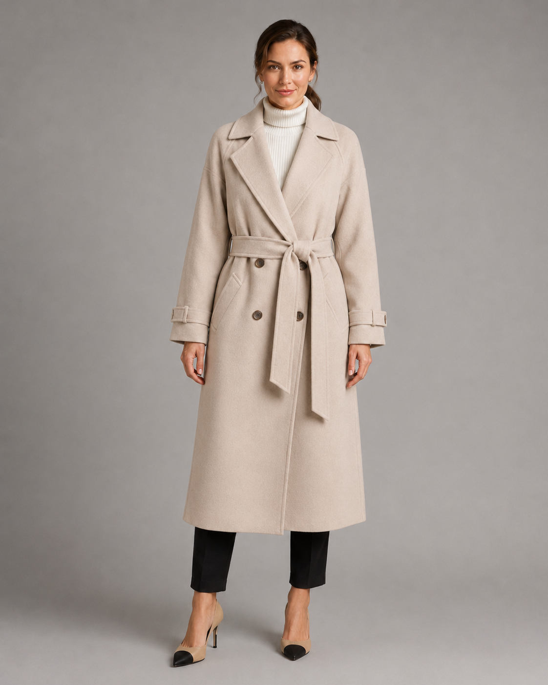 Women's Double Breasted Long Belted Coat – Notch Lapel
