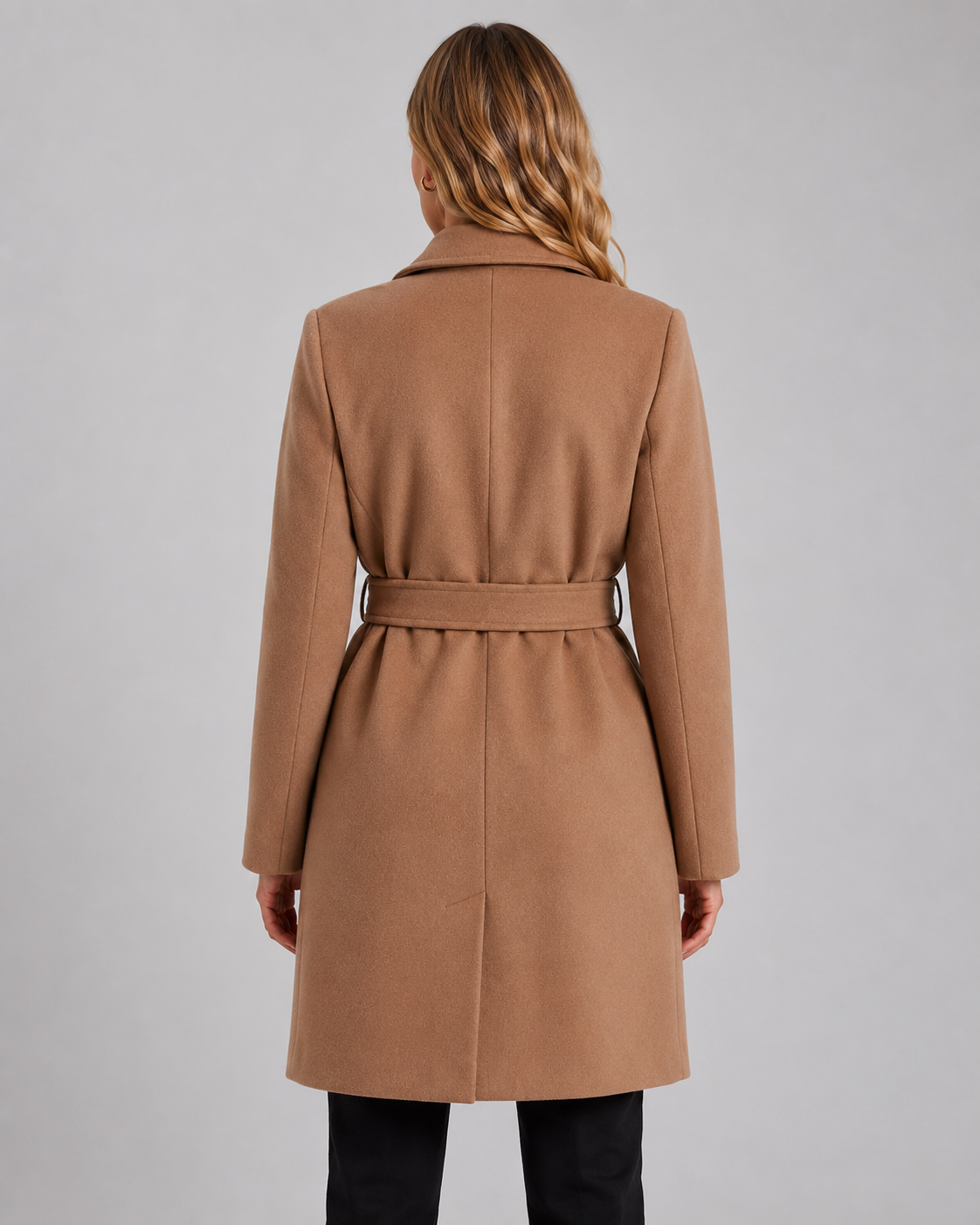 Women's Below Knee Belted Wrap Coat – Notched Lapel