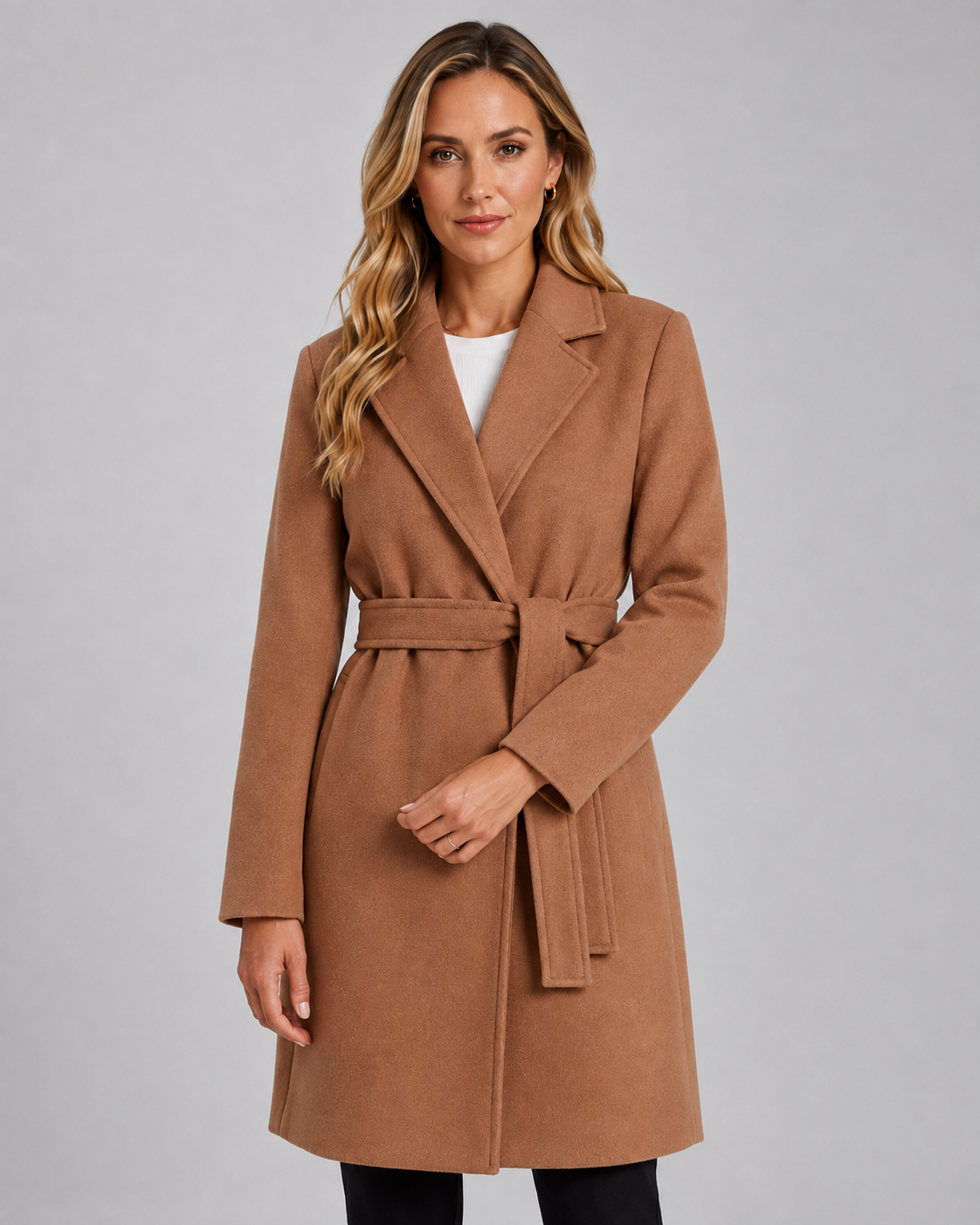 Women's Below Knee Belted Wrap Coat – Notched Lapel