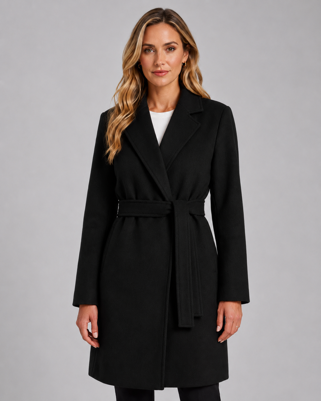 Women's Below Knee Belted Wrap Coat – Notched Lapel