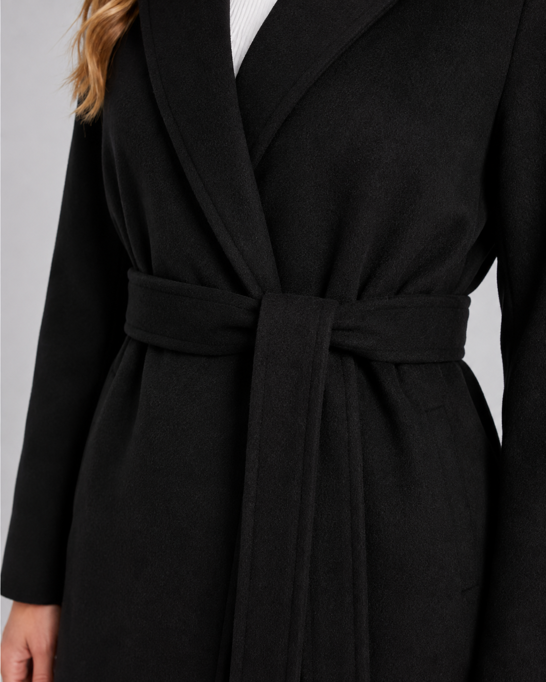 Women's Below Knee Belted Wrap Coat – Notched Lapel