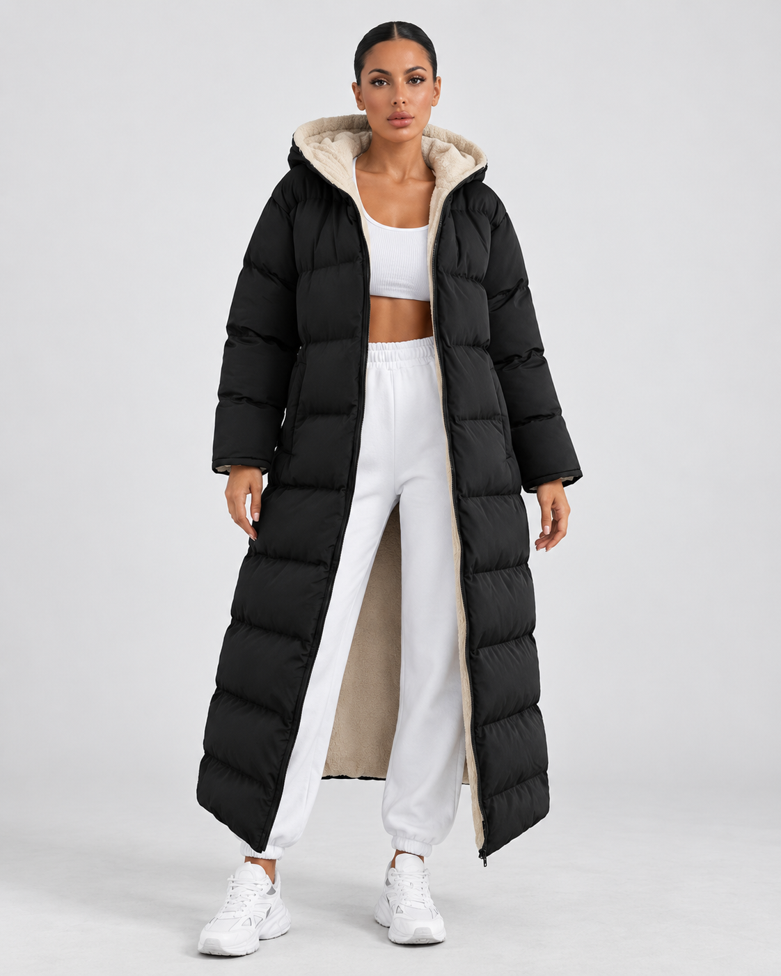 Women's Longline Hooded Puffer Coat – Full Zip Plush Lining