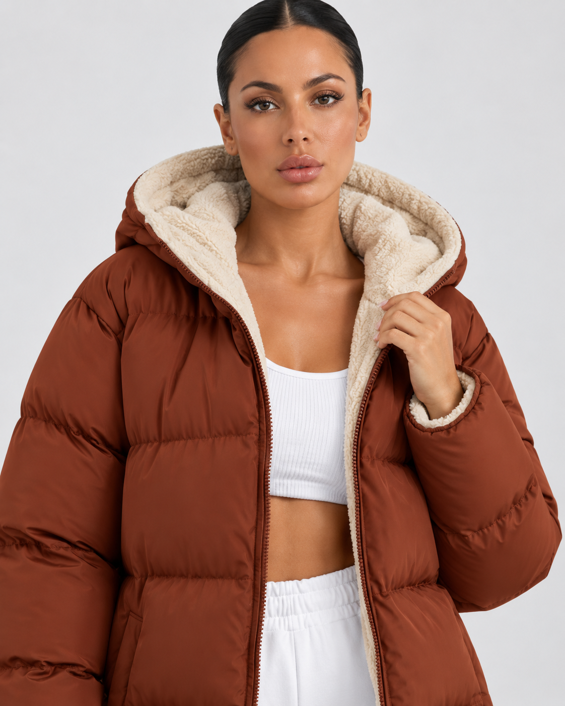 Women's Longline Hooded Puffer Coat – Full Zip Plush Lining