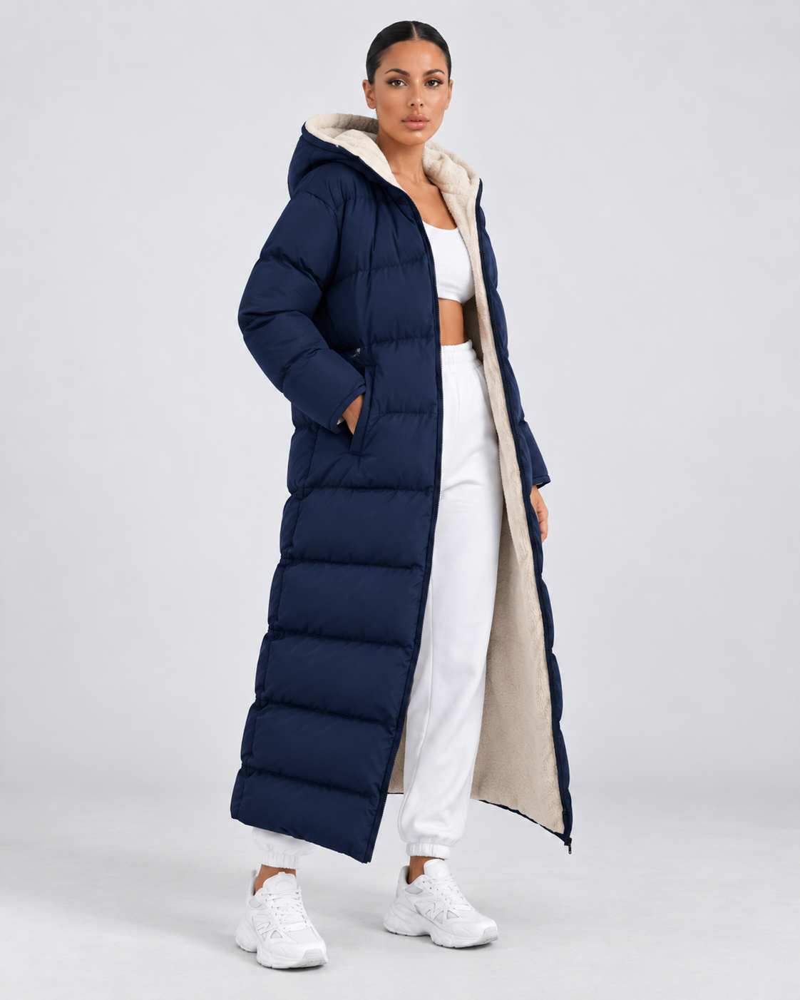 Women's Longline Hooded Puffer Coat – Full Zip Plush Lining