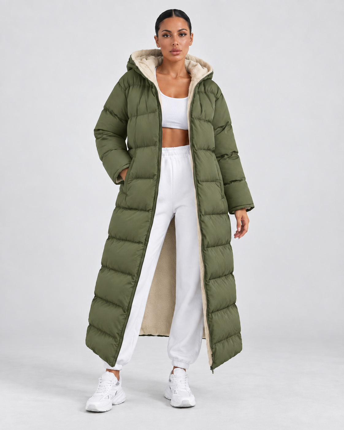 Women's Longline Hooded Puffer Coat – Full Zip Plush Lining
