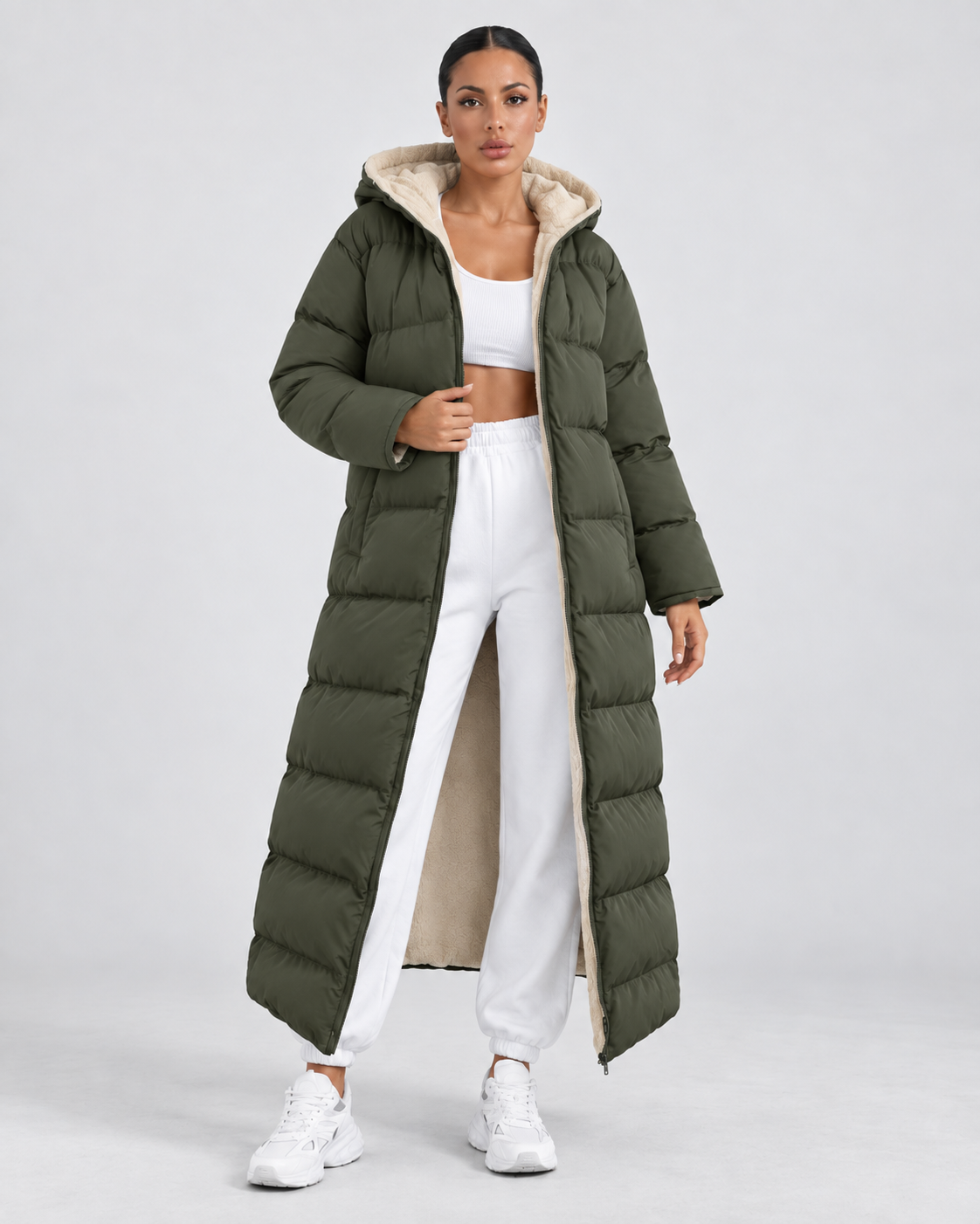 Women's Longline Hooded Puffer Coat – Full Zip Plush Lining